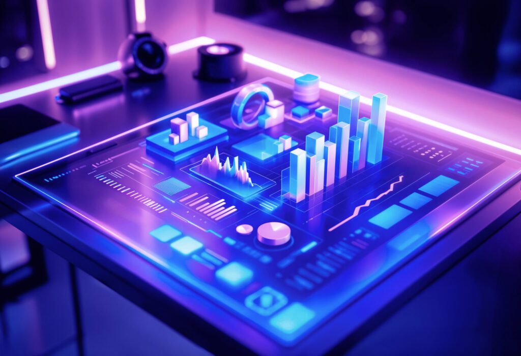A futuristic data dashboard with glowing graphs and metrics displayed on a sleek, illuminated table.