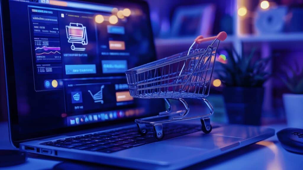 A miniature shopping cart sits atop a laptop keyboard, with colorful graphs and a shopping interface visible on the screen.