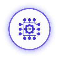 Icon depicting a microchip with the text "ERP" and connected nodes, symbolizing integrated enterprise resource planning.