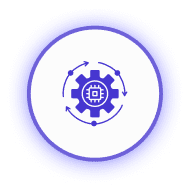 A blue gear symbol with a circuit design, surrounded by arrows, indicating automation or digital technology processes.