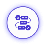 Icon depicting a flowchart with servers and a checkmark, symbolizing process automation or system validation.