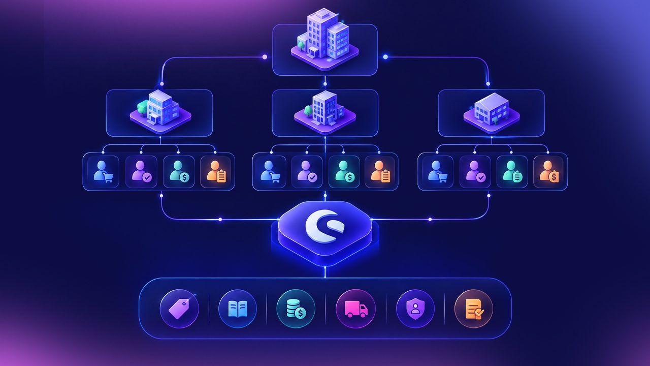 Shopware B2B portal illustration showing multiple companies and user roles connected to centralized pricing, catalogs, budgets, shipping, permissions, and approval rules.